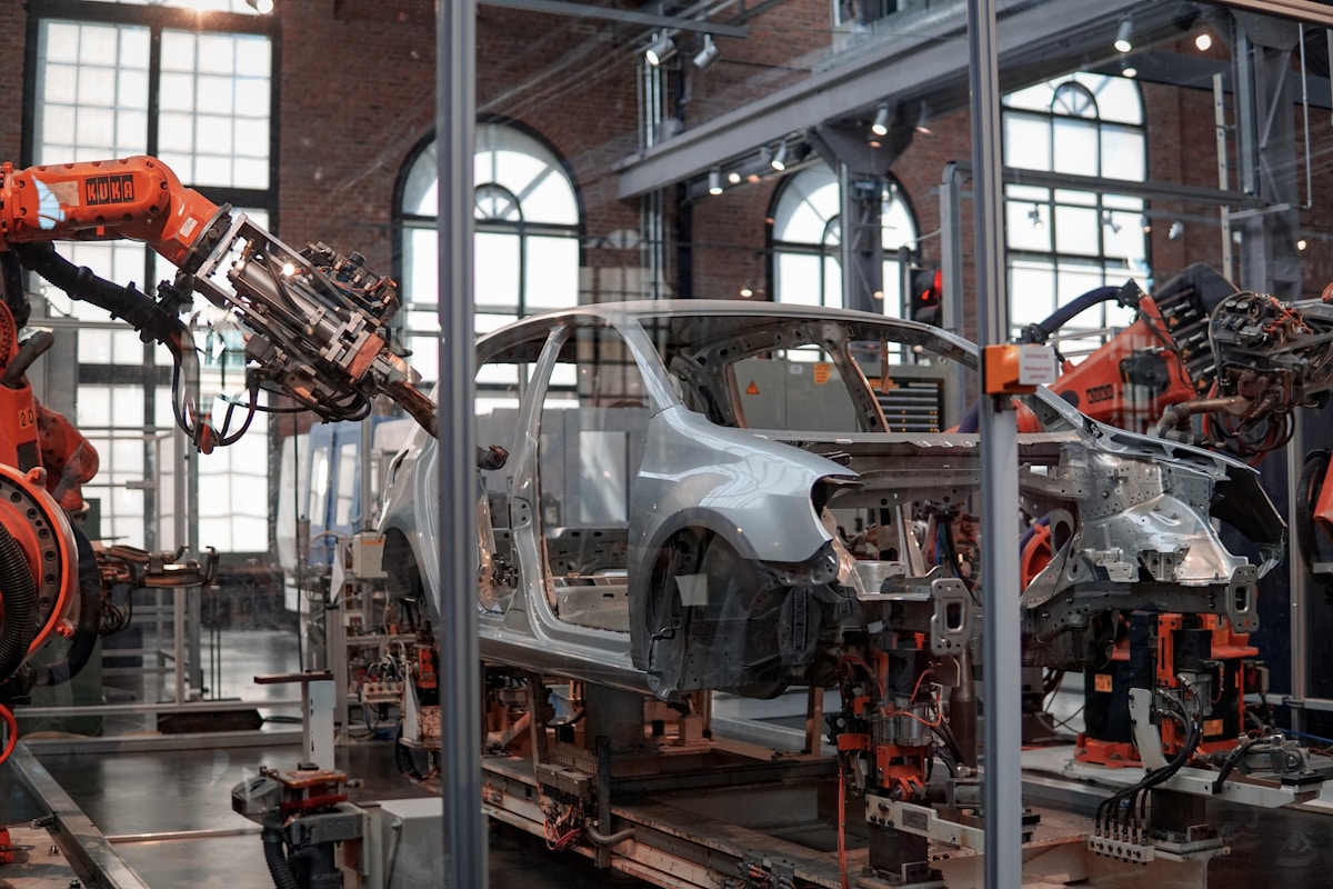 Automotive factory floor with barcode scanning equipment and industrial manufacturing environment